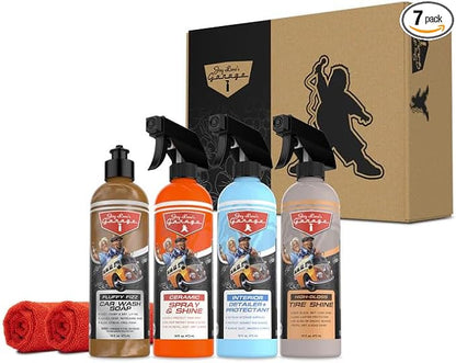 Jay Leno's Garage Gabriel Iglesias “Fluffy Edition” 7-Piece Complete Car Wash & Detailing Kit; Premium Microfiber Towels, Tire Shine, Interior Cleaner & Car Wax Ultimate Auto Care Gift Set