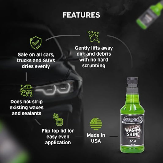 LANE'S Wash & Wax - Best Car Wash Soap, Wax Components Provides Layer of Protection to Car’s Paint, High Foaming, Deep Cleaning Concentrated Formula, Mirror High-Gloss Shine 16oz
