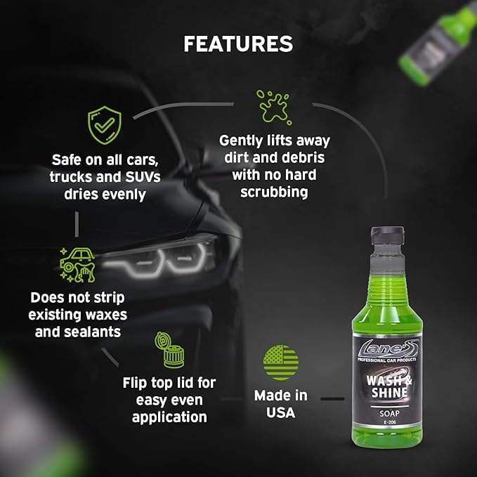 LANE'S Wash & Wax - Best Car Wash Soap, Wax Components Provides Layer of Protection to Car’s Paint, High Foaming, Deep Cleaning Concentrated Formula, Mirror High-Gloss Shine 32oz