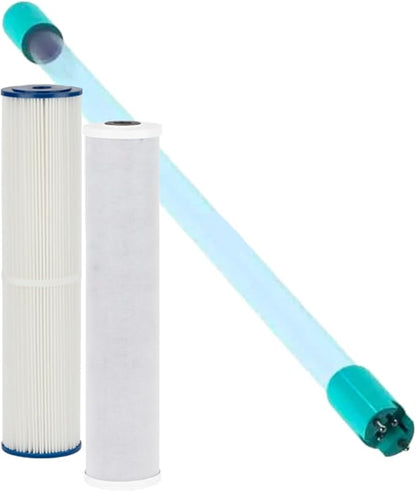 Kind Water Whole House Replacement Filter Set – Sediment, Carbon Block & UV Replacement Lamp – Fits E-3000 System and E-1000 System – Maintain Clean, Safe Water – Easy 1-Year Kit