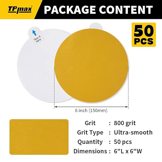6-Inch 800-Grit Gold PSA Sanding Discs, 50 Pack – Pro-Grade Self-Adhesive Stickyback Sandpaper with Quick-Release Tabs for DA Sander, Ultra-Smooth Automotive/Wood/Metal Sanding