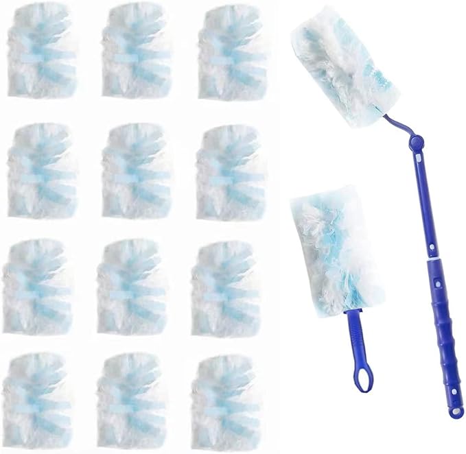 SUZZYVINE Disposable Duster Wish a Long Handle Plus a Short Handle, 15 Count Duster Refills,Blue and White
