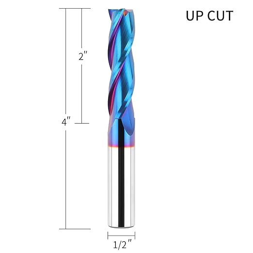 EANOSIC Upcut Spiral Router Bit 3-Flute with 1/2” Shank, Extra Long (4 inch), 1/2” Cutting Diameter, 2” Cutting Length, Carbide CNC Router Bits nACo Coated End Mill for Wood Mortises Carving Engraving