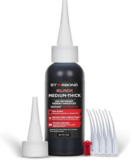 STARBOND Black Medium-Thick CA Glue Pro Kit (2 oz) – Rubber-Toughened, Impact-Resistant Cyanoacrylate Super Glue – for Durable Knot Filling, Crack Repair, Woodworking, Guitar, Hobby & RC Projects