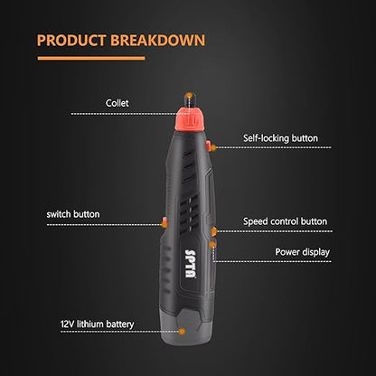 Cordless Rotary Tool, SPTA Powerful Mini Detail Polisher Kit, 36Pcs 12V Li-ion Battery 5,000-25,000 RPM Micro Auto Detailing Car Polisher Polishing Foam Pad Set for Buffing Polishing Sanding Cleaning