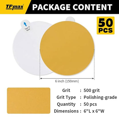 6-Inch 500-Grit Gold PSA Sanding Discs, 50 Pack – Pro-Grade Self-Adhesive Stickyback Sandpaper with Quick-Release Tabs for DA Sander, Polishing-Grade Automotive/Wood/Metal Sanding