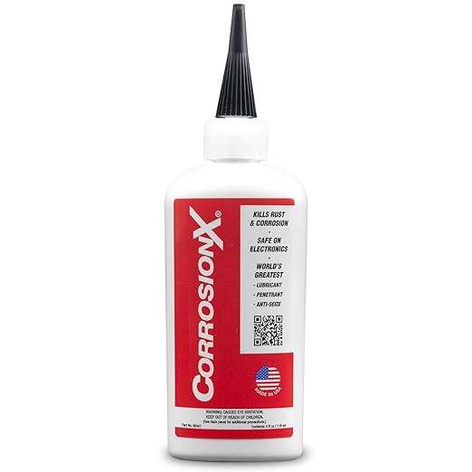 CorrosionX Rust Inhibitor, Industrial-Strength Dielectric Corrosion Prevention, Lubricant & Penetrant for Marine, Automotive, Electronics & RV Use, Protects Bolts, Cables, Engines, 4oz Applicator