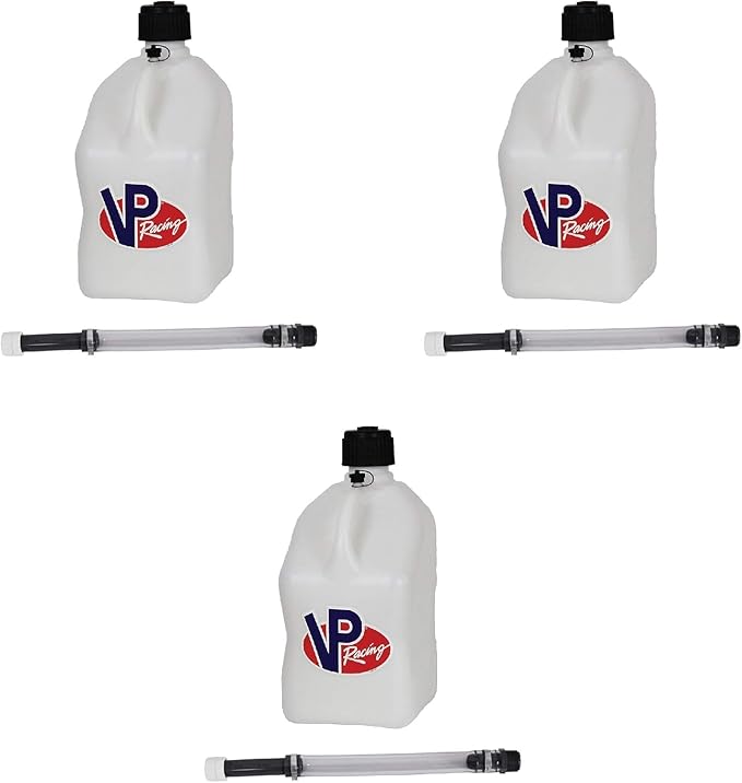 VP Racing 3522-CA, 5.5-Gallon Square Motorsport Jug White (3 Pack) w/ 14" Deluxe Hose (3 Pack) Close-Trimmed Cap and Neck for Tight Seal