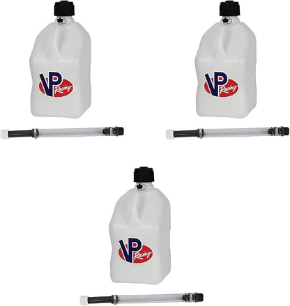 VP Racing 3522-CA, 5.5-Gallon Square Motorsport Jug White (3 Pack) w/ 14" Deluxe Hose (3 Pack) Close-Trimmed Cap and Neck for Tight Seal