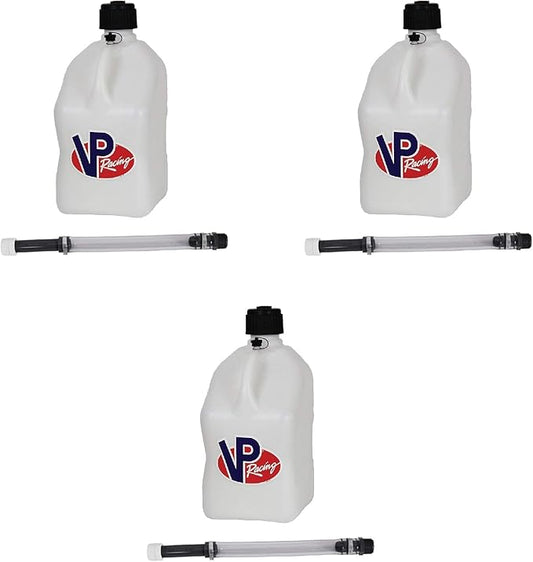 VP Racing 3522-CA, 5.5-Gallon Square Motorsport Jug White (3 Pack) w/ 14" Deluxe Hose (3 Pack) Close-Trimmed Cap and Neck for Tight Seal