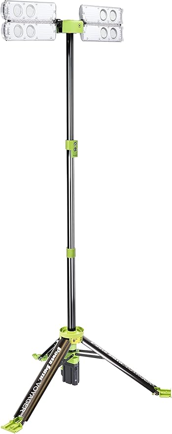 PowerSmith Voyager PVLR8000A 8000 Lumen Collapsible Cordless Tripod LED Work Light with Battery, Charger & Carry Bag Included. Optional 3-Way Power, Remote Control , Black