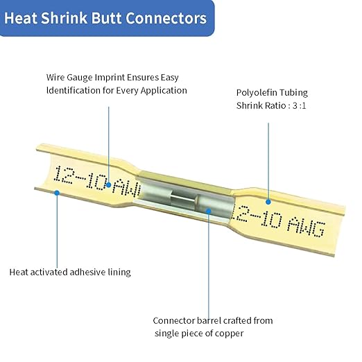 Heat Shrink Butt Connectors, 12-10 AWG 50 Pcs Yellow Waterproof Crimp Terminals Electrical Wire Connectors Splice for Marine, Cable, Wiring