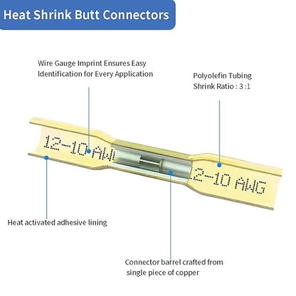Heat Shrink Butt Connectors, 12-10 AWG 50 Pcs Yellow Waterproof Crimp Terminals Electrical Wire Connectors Splice for Marine, Cable, Wiring