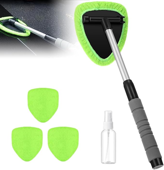 Windshield Cleaning Tool, 2025 New Car Interior Window Cleaning Kit with Extendable Handle, with 3 Towel Pads Windshield Cleaning Tool, Auto Glass Wiper for Windshield, Trucks, SUVs, RVs (Green)