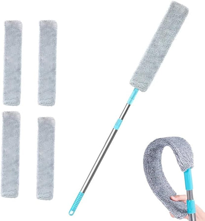 Retractable Gap Duster with 60" Extension Pole, Flexible Microfiber Brush for Under Appliances, Furniture & Tight Spaces, Washable Flat Duster for Fridge Stove Couch Crevices (4 Replacement Fabric)