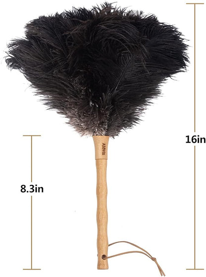 Aldwin Ostrich Feather Duster, 16 inch Black Genuine Ostrich Feathers with Wood Handle, Reusable Car Dusters, Eco-Friendly Cleaning Handheld Dusters for Home, Office and Kitchen