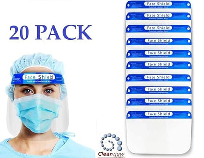 Clearview 20 pk Face Shield Reusable Washable Protective Cover Clear Mask Anti-Splash Anti-Fog Anti-Dust Soft All Day Comfort (20)