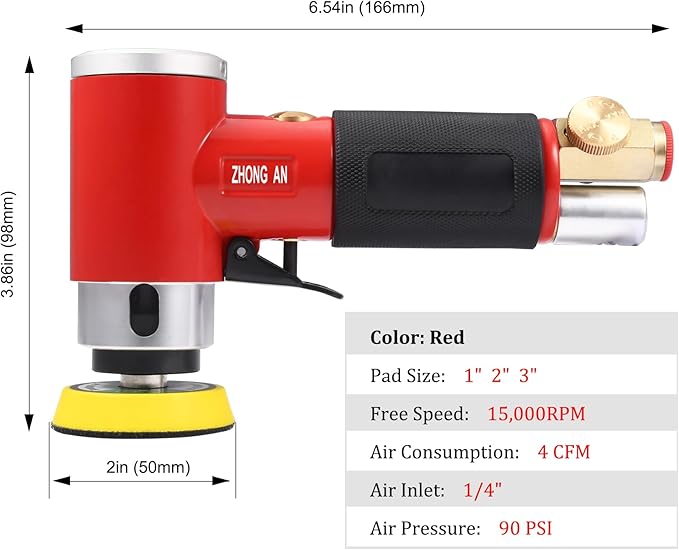 ZHONG AN 1'' 2'' 3'' Mini Orbital Sander da sander Air Dual Action Sander High Speed Pneumatic Mini Sanders Includes 18Pcs 1/2/3in Polishing Sponge & Wool Pads, 30Pcs Sandpapers (RED)