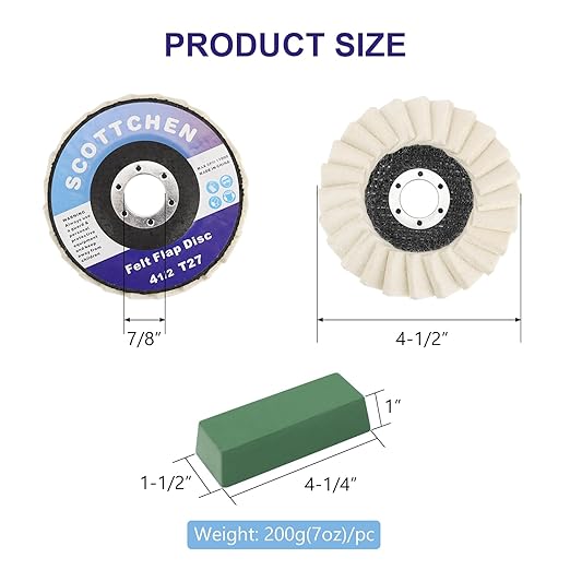 SCOTTCHEN 8 Pack Felt Flap Disc Abrasives 4-1/2" x 7/8" Arbor Buffing Polishing Wheel for Angle Grinder,with 2 Pack Fine Buffing Polishing Cutting Compounds Total 14 Oz.