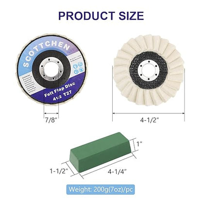 SCOTTCHEN 8 Pack Felt Flap Disc Abrasives 4-1/2" x 7/8" Arbor Buffing Polishing Wheel for Angle Grinder,with 2 Pack Fine Buffing Polishing Cutting Compounds Total 14 Oz.