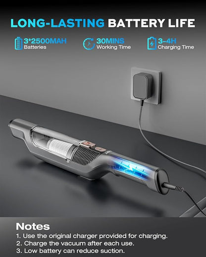Zefiro Compact & Powerful Cordless Handheld Vacuum, Rechargeable Portable Car Vacuum for Car & Pet Hair, 22000PA High Power Suction, XL Dust Cup, 2 Brushes & Filters, Long Runtime with Charger