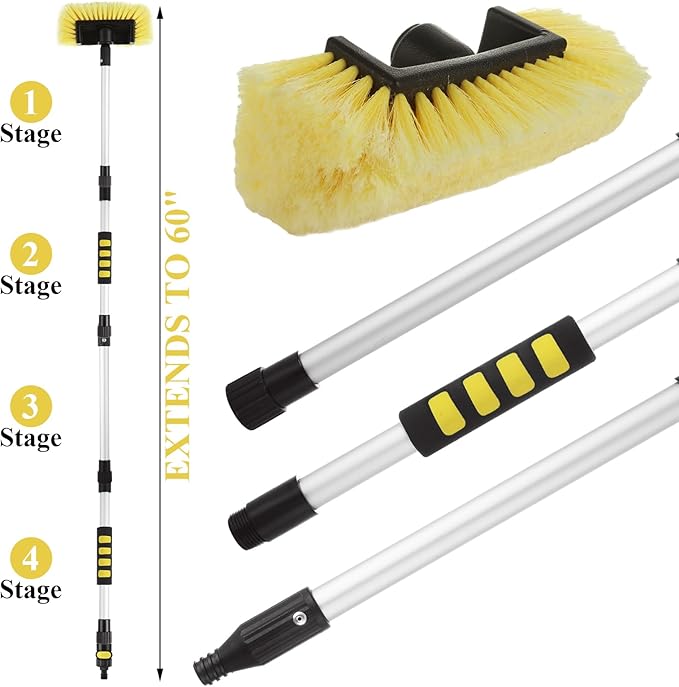 Car Wash Brush with Long Handle 60 Inch, 10" Soft Bristle Scrub Brush for Car, Truck, Boat, RV, Washing Cleaning Tool (Yellow, 4-Section Pole)