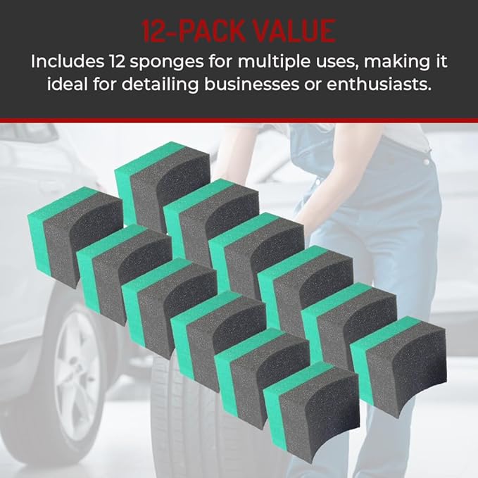 Hi-Tech Tire Dressing Applicator 12 Pack - Durable and Reusable, Contoured Tire Shine and Dressing Sponge for Your Car's Wheels