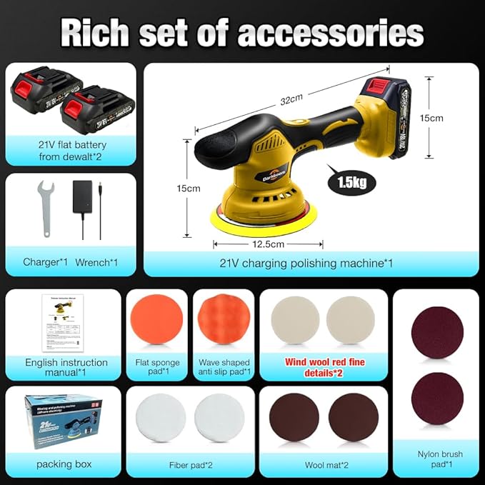 Darkboom Cordless Buffer Polisher 6 inch with 2Pcs 2.0Ah Rechargeable Batteries Compatible with Makita,and 1 Adapter Charger, 6 variable speed 5500RPM cordless sander, for Car Detailing/Polishing