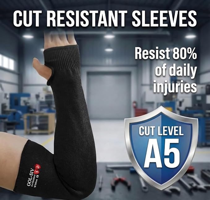 GOL-SIV Arm Protectors For Thin Skin And Bruising, Cut Resistant Sleeves For Men Women, A5 Level Farmer Sleeve For Gardening (Black & Grey, 17.7 In - 2pairs)