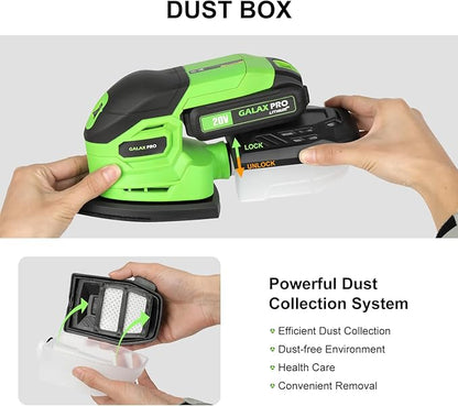 GALAX PRO Cordless Sander,2.0A Battery,12000 RPM Powerful Speed Detail Sanders with 20Pcs Sandpapers, Electric Mouse Sander for Tight Spaces Sanding in Home Decoration with Dust Box