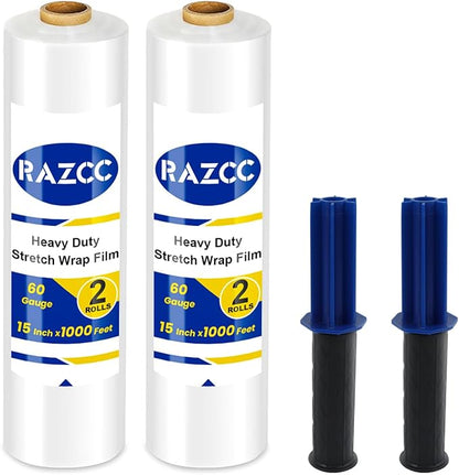 Stretch Film, RAZCC Stretch Wrap Industrial Strength, Shrink Wrap for Pallet Wrap, Heavy Duty Clear Plastic Wrap with Handles, Moving Wrapping Plastic Roll, 15" x 1000 Ft Per Roll, 60 Gauge, 2 Pack