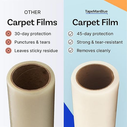 TapeManBlue Carpet Protection Film, 48 inch x 500 Foot roll, Self Adhesive Plastic Carpet Protector Film with Clean Removal & Easy Unwind, Strong and Durable Covering for Construction