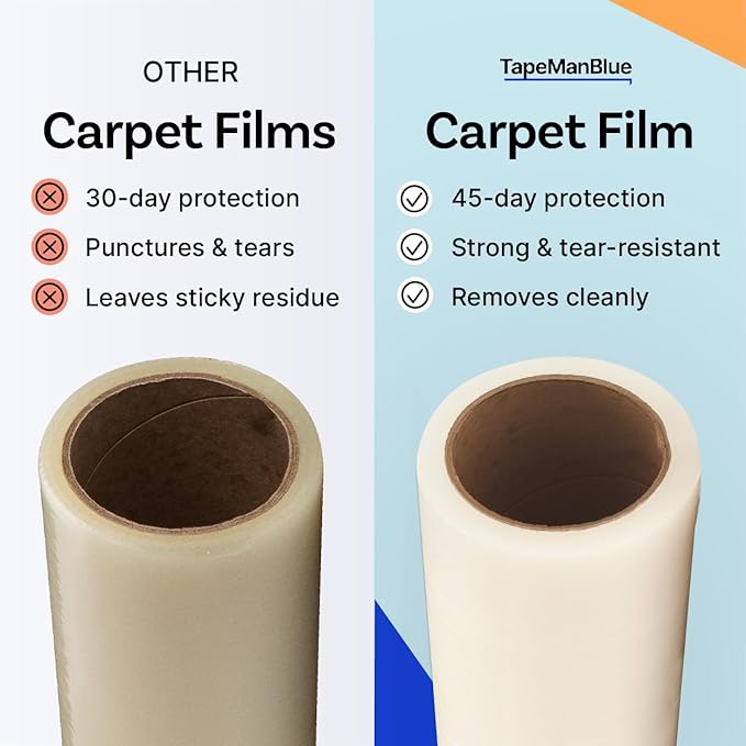 TapeManBlue Carpet Protection Film 36" x 200' roll, Self Adhesive Plastic Carpet Protector Film with Clean Removal & Easy Unwind, Durable Protection Tape to Shield Your Surface from Dirt and Spills