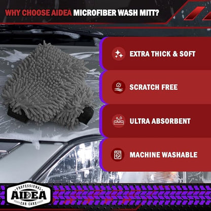 AIDEA Car Wash Mitt Microfiber-2Pack, Scratch-Free& Lint-Free, Premium Chenille Microfiber Wash Mitt-Grey Extra Large Size (8''X12'')