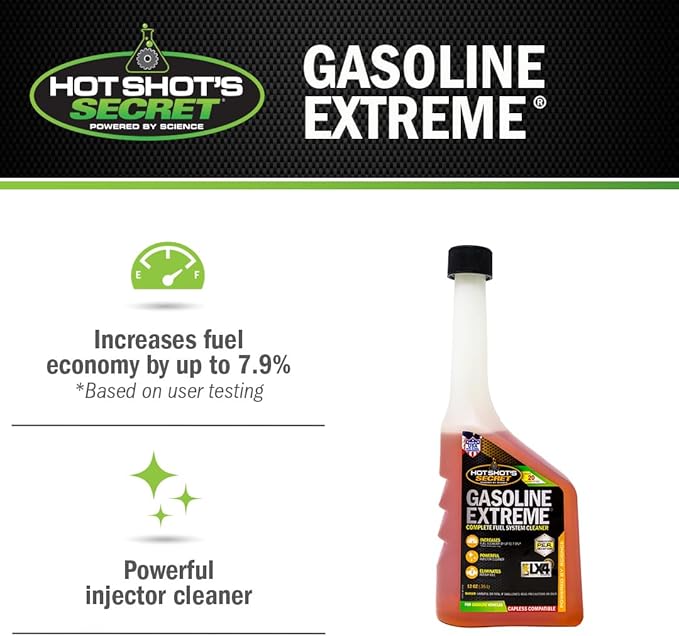 Hot Shot's Secret Gasoline Extreme 12 Oz, Concentrated Fuel System Cleaner, Fuel Additive for Gasoline Engines, Fuel Injector Cleaner - Increases Fuel Economy & Restores Engine Performance