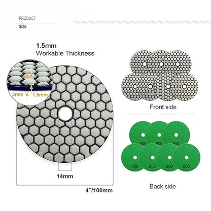 SHDIATOOL 4-Inch Dry Diamond Polishing Pads Grit 800 for Granite Marble Stone Sanding Pad Grinding Pads 7Pcs