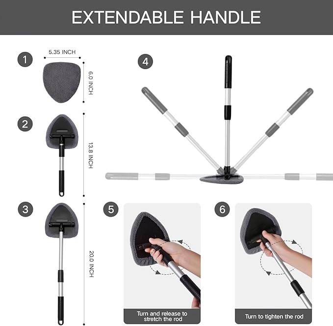 11pcs Windshield Cleaner Tool, Car Window Cleaning Wash Kit with 6 Reusable Microfiber Pads 2 Spray Bottles and Extendable Handles Auto Glass Wiper Kit, Gray