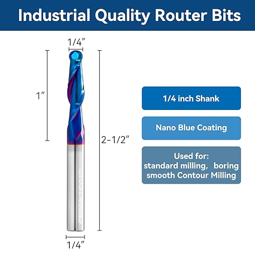 5 PCS CNC Router bits 1/4inch Shank Carbide Ball Nose End Mill with Nano Blue Coating for Side Milling,End Milling,Finish Machining (1/4" x1/4" x2-1/2)