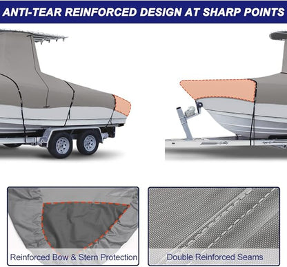 900D Marine Grade Fade and Tear Resistant Trailerable T-Top Boat Cover，Heavy-Duty Waterproof and UV-Proof TTOP Boat Storage Cover with Windproof Metal Buckle Straps Fit 26ft-28ft Long(Gray)