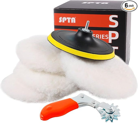 Wool Buffing Polishing Pad, SPTA 6Pcs 6 Inch (150mm) Lambwool Wool polishing Pads with Pad Clean Tool Kit with Hook & Loop 5/8"-11 Thread Drill Adapter for Car Polishing and Buffing -A1055S6M58