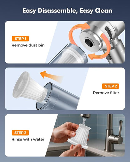 VNOST Car Vacuum,3 Suction Modes,Portable Mini Cordless Cleaner with 24000pa Suction Power,Type-C Charge,Handheld Vacuum for Home,Car,Birthday Gifts for Men Dad Husband (Starlight Bright Silver)