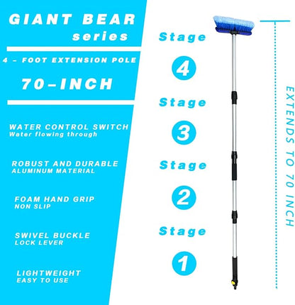 GIANT BEAR 3 Piece Cleaning Set 38-70 inch car wash Brush with 10 inch Soft Bristle Head, Horse Hair Cleaning Brush, car Cleaning Gloves, Water Flow ON/Off, for Cars, Boats, Trucks, RVs.