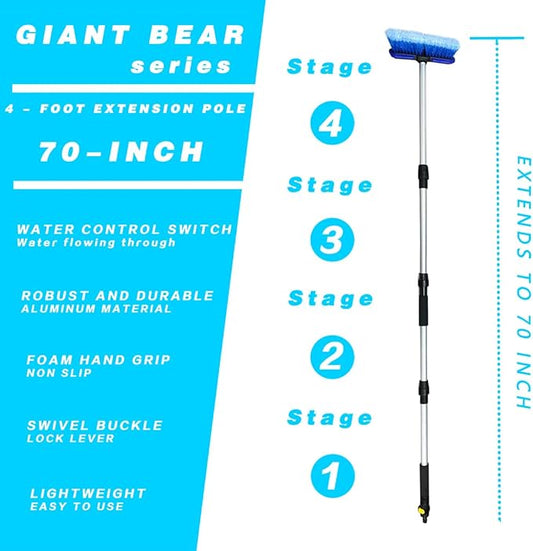 GIANT BEAR 3 Piece Cleaning Set 38-70 inch car wash Brush with 10 inch Soft Bristle Head, Horse Hair Cleaning Brush, car Cleaning Gloves, Water Flow ON/Off, for Cars, Boats, Trucks, RVs.