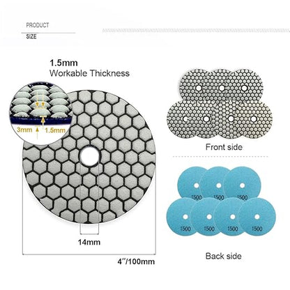 SHDIATOOL 7Pcs 4 Inch Dry Diamond Polishing Pads Grit 1500 for Granite Marble Stone Countertops for Grinder Polisher Machine