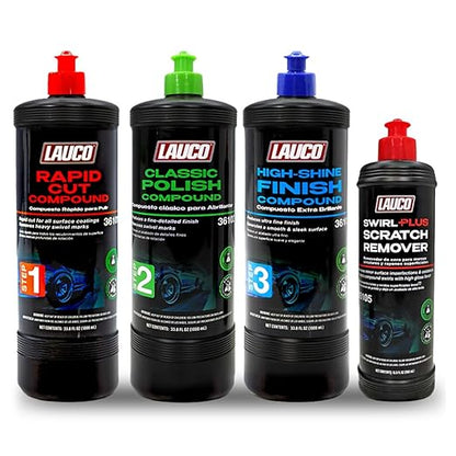 LAUCO 3-Step Kit – Steps 1 2 3 + Swirl Remover, Professional Silicone-Free Cutting, Polishing & Finishing Compounds for Scratch Removal, Clear Coat Safe High-Gloss Finish