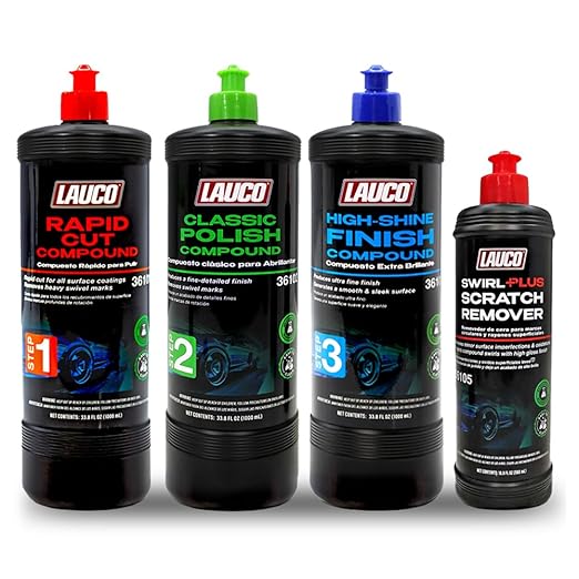 LAUCO 3-Step Kit – Steps 1 2 3 + Swirl Remover, Professional Silicone-Free Cutting, Polishing & Finishing Compounds for Scratch Removal, Clear Coat Safe High-Gloss Finish