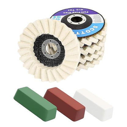 SCOTTCHEN 5 Pack Felt Flap Disc Abrasives 4-1/2" x 7/8" Arbor for Angle Grinder,with Buffing Polishing Cutting Compounds 4 Oz. Kit-Green Fine/White Medium/Red Coarse 3 Pack