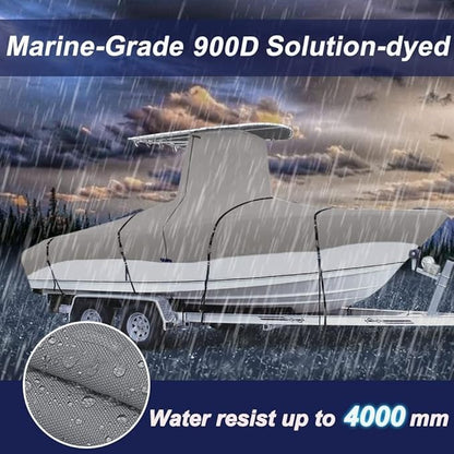 900D Marine Grade Fade and Tear Resistant Trailerable T-Top Boat Cover, Heavy-Duty Waterproof and UV-Proof T TOP Boat Storage Cover with Windproof Metal Buckle Straps Fit 24ft-26ft Long(Gray)