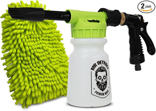 Mr. Detroit - Car Wash Foam Blaster and Chenille Glove Premium Double Noodle Wash Mitt Scratch-Free Microfiber Wash Mitt, Lime Green - Car Wash Gun Connects to Any Garden Hose - 2pc