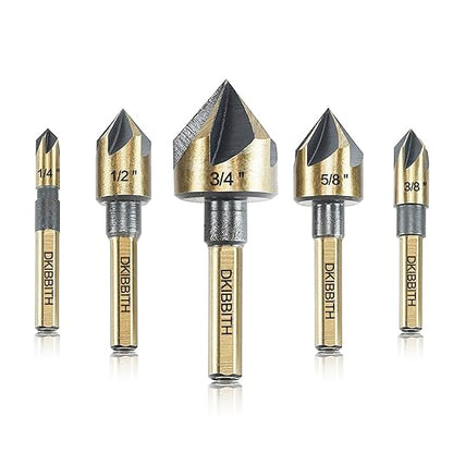 Countersink Drill Bit Set, 5 Pieces High Speed Steel 82 Degree 5 Flute 6mm Round Shank Mill Cutter Bit Countersink in Sizes 1/4” 3/8” 1/2” 5/8” 3/4” Set with Carrying Case